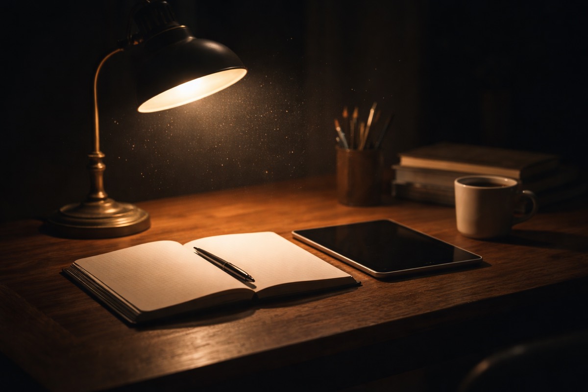 Escriptori d'estudi amb llibres i atmosfera digital del curs Filosofia i IA